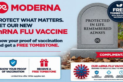 Promo poster for Moderna's new flu vaccine next to a tombstone.