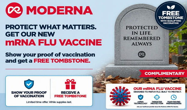 Promo poster for Moderna's new flu vaccine next to a tombstone.