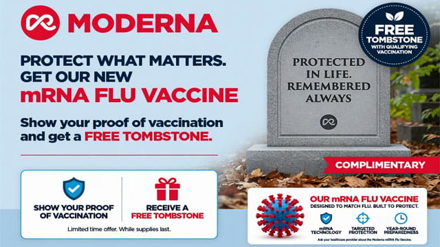 Promo poster for Moderna's new flu vaccine next to a tombstone.