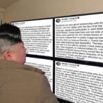 North Korea Leader Kim Jong Un looking at a computer screen with Trump's Truth Social post.