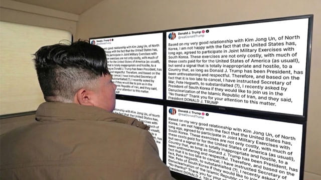 North Korea Leader Kim Jong Un looking at a computer screen with Trump's Truth Social post.