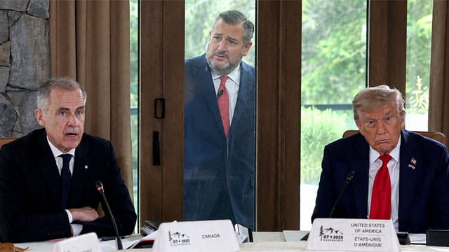 Donald Trump and Mark Carney sitting at a table talking while Ted Cruz stands outside of a window looking inside.