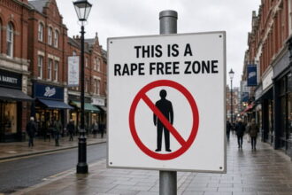 A sign on a pole on a UK British city street.