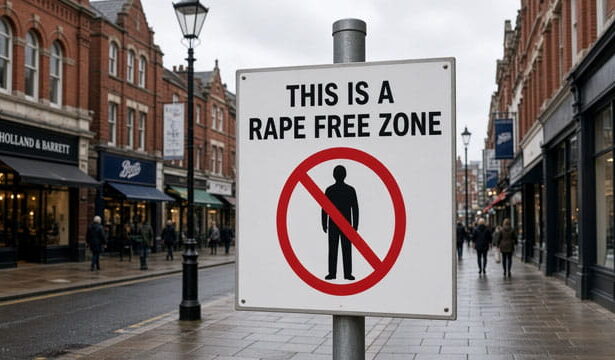 A sign on a pole on a UK British city street.