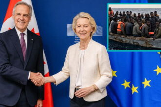 Canada Prime Minister Mark Carney shaking hands with EU President.