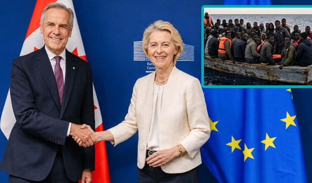 Canada Prime Minister Mark Carney shaking hands with EU President.