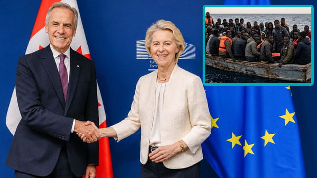 Canada Prime Minister Mark Carney shaking hands with EU President.