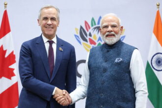 Canada Prime Minister Mark Carney shaking hands with India Prime Minister Modi.