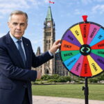 Canada Prime Minister Mark Carney in a suit spinning a prize wheel in front of Parliament.
