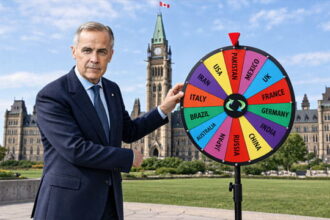 Canada Prime Minister Mark Carney in a suit spinning a prize wheel in front of Parliament.