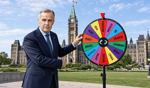 Canada Prime Minister Mark Carney in a suit spinning a prize wheel in front of Parliament.