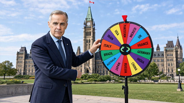 Canada Prime Minister Mark Carney in a suit spinning a prize wheel in front of Parliament.