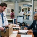 American white male doctor standing in front of a desk of an Indian man wearing a suit and tie.