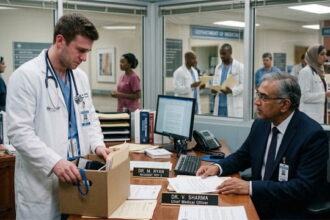 American white male doctor standing in front of a desk of an Indian man wearing a suit and tie.