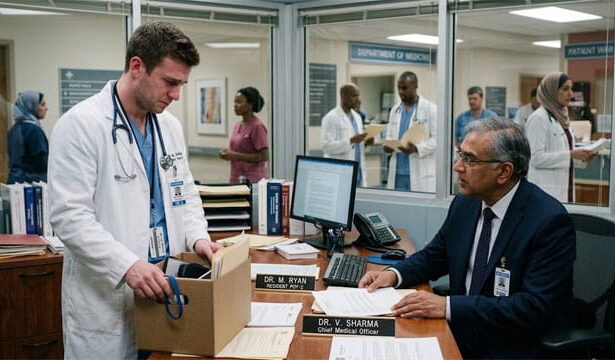 American white male doctor standing in front of a desk of an Indian man wearing a suit and tie.