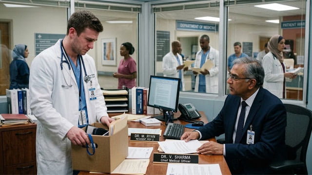 American white male doctor standing in front of a desk of an Indian man wearing a suit and tie.