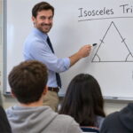 White geometry male teacher in glass drawing an Isosceles triangle on whiteboard in shape of KKK hood.