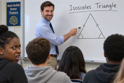 White geometry male teacher in glass drawing an Isosceles triangle on whiteboard in shape of KKK hood.