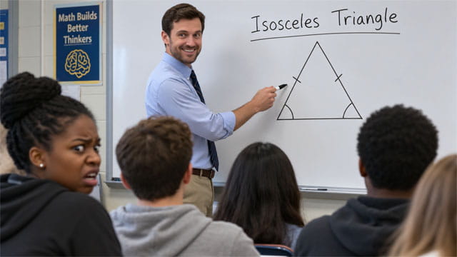 White geometry male teacher in glass drawing an Isosceles triangle on whiteboard in shape of KKK hood.