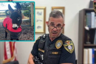 Cedartown police chief with an inset of HeeHaw the donkey shot by police.