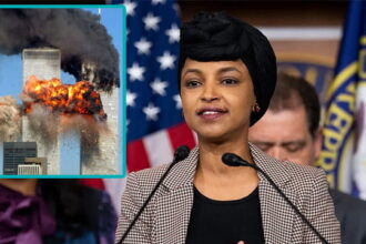 Ilhan Omar giving a speech on 9/11 in front of podium.