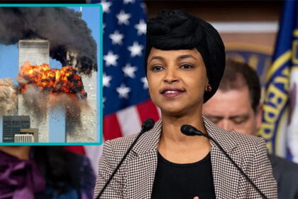 Ilhan Omar giving a speech on 9/11 in front of podium.