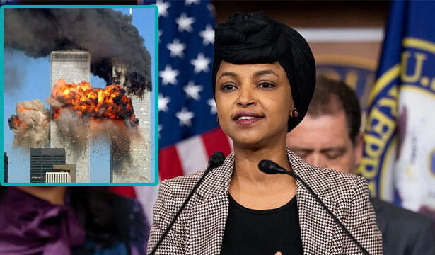 Ilhan Omar giving a speech on 9/11 in front of podium.