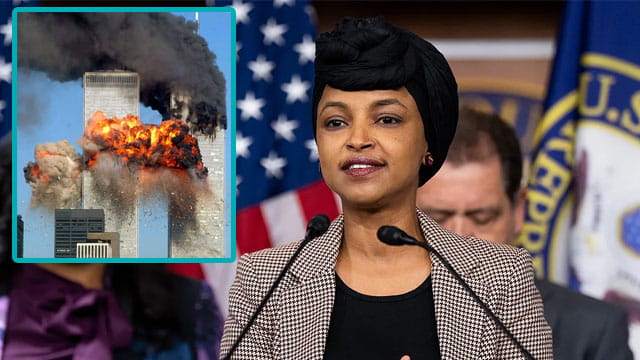 Ilhan Omar giving a speech on 9/11 in front of podium.