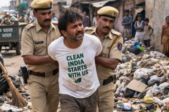 India man being arrested by Indian police in a trash covered poor India city.