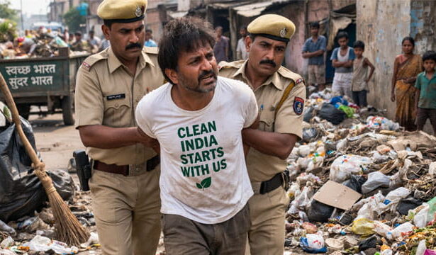 India man being arrested by Indian police in a trash covered poor India city.
