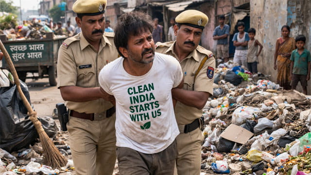 India man being arrested by Indian police in a trash covered poor India city.