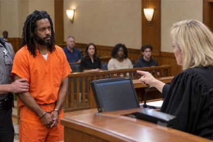 Black criminal wearing orange jumpsuit in court in front of white female judge wearing black robe.