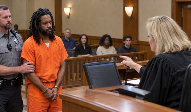 Black criminal wearing orange jumpsuit in court in front of white female judge wearing black robe.