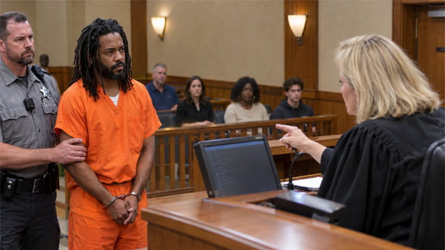 Black criminal wearing orange jumpsuit in court in front of white female judge wearing black robe.