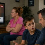 A child talking to his dad on couch while mom dressed in pink shirt watches Lindsay Clancy trial on a TV