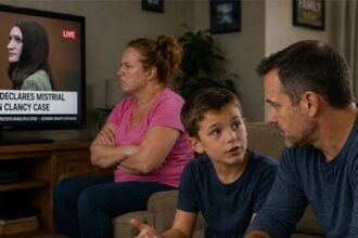 A child talking to his dad on couch while mom dressed in pink shirt watches Lindsay Clancy trial on a TV