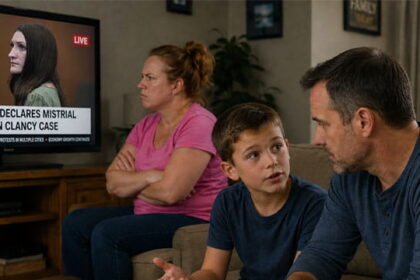 A child talking to his dad on couch while mom dressed in pink shirt watches Lindsay Clancy trial on a TV