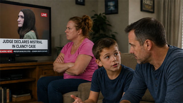 A child talking to his dad on couch while mom dressed in pink shirt watches Lindsay Clancy trial on a TV
