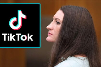 Lindsay Clancy sitting inside of courtroom with an inset of a TikTok logo.