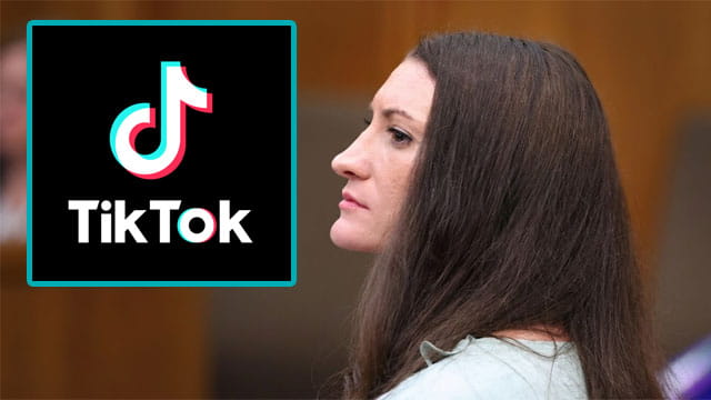 Lindsay Clancy sitting inside of courtroom with an inset of a TikTok logo.