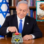 Benjamin Netanyahu pushing a red nuclear button in a Samson Option against Mayor Mamdani.