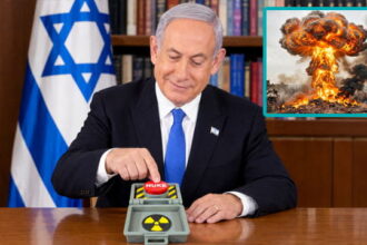 Benjamin Netanyahu pushing a red nuclear button in a Samson Option against Mayor Mamdani.