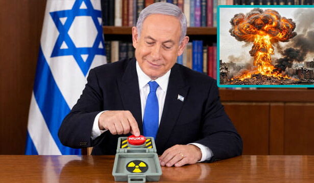 Benjamin Netanyahu pushing a red nuclear button in a Samson Option against Mayor Mamdani.