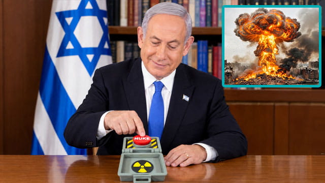 Benjamin Netanyahu pushing a red nuclear button in a Samson Option against Mayor Mamdani.