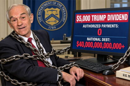 Ron Paul chained to a computer inside of US Treasury.