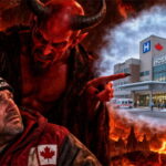 Satan threatening a Canadian man in Hell with an insert of a Canada hospital.