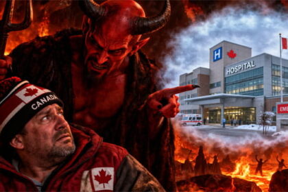 Satan threatening a Canadian man in Hell with an insert of a Canada hospital.