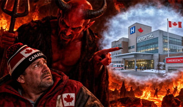 Satan threatening a Canadian man in Hell with an insert of a Canada hospital.