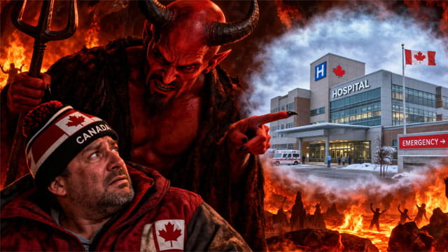 Satan threatening a Canadian man in Hell with an insert of a Canada hospital.