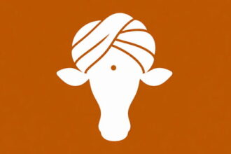 Texas Longhorns orange and white logo with the bull changed to a cow wearing a turban.
